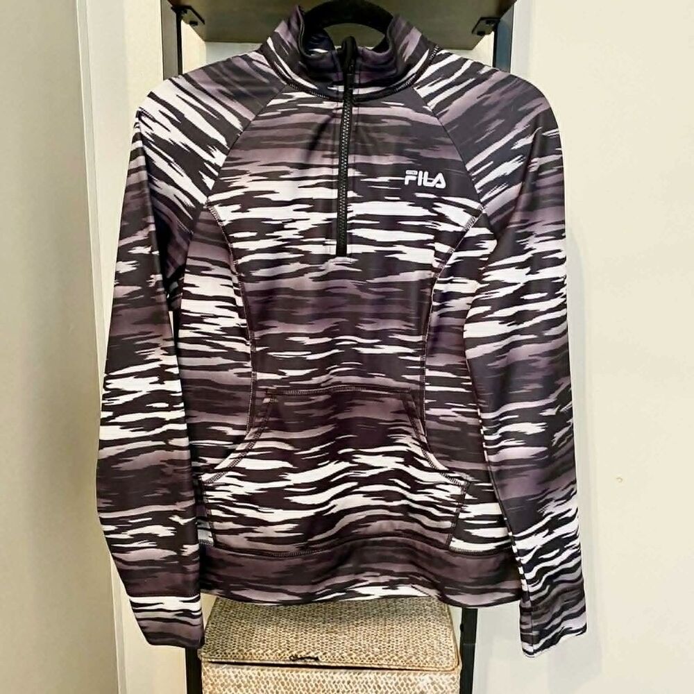 FILA Sport Women’s Medium Black Gray Camo Quarter Zip Athletic Top Long Sleeve